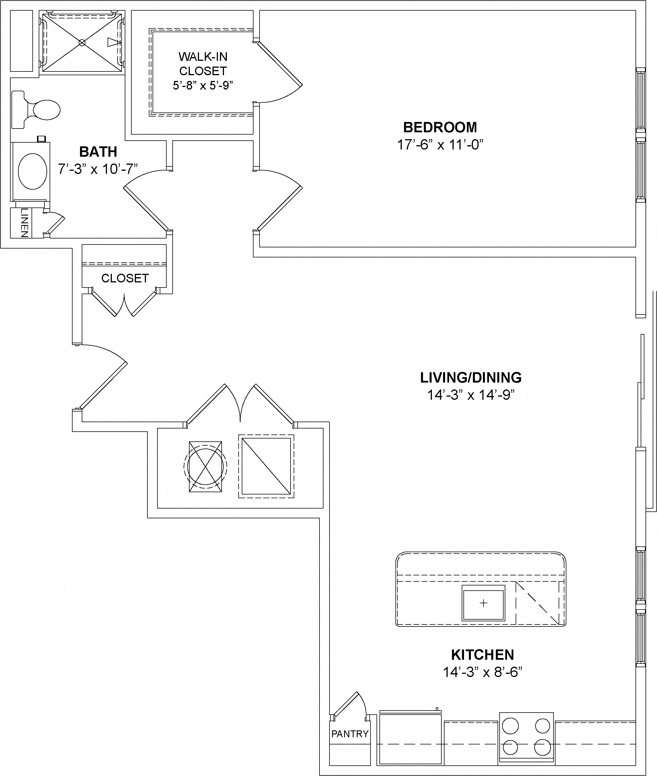 Floor plan for 1 bed, 1 bath, 847 sqft